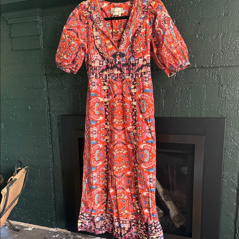 Anthropologie Red Multi Paisley Maxi Dress with Puff Sleeves